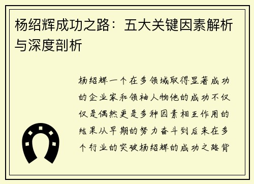 杨绍辉成功之路：五大关键因素解析与深度剖析